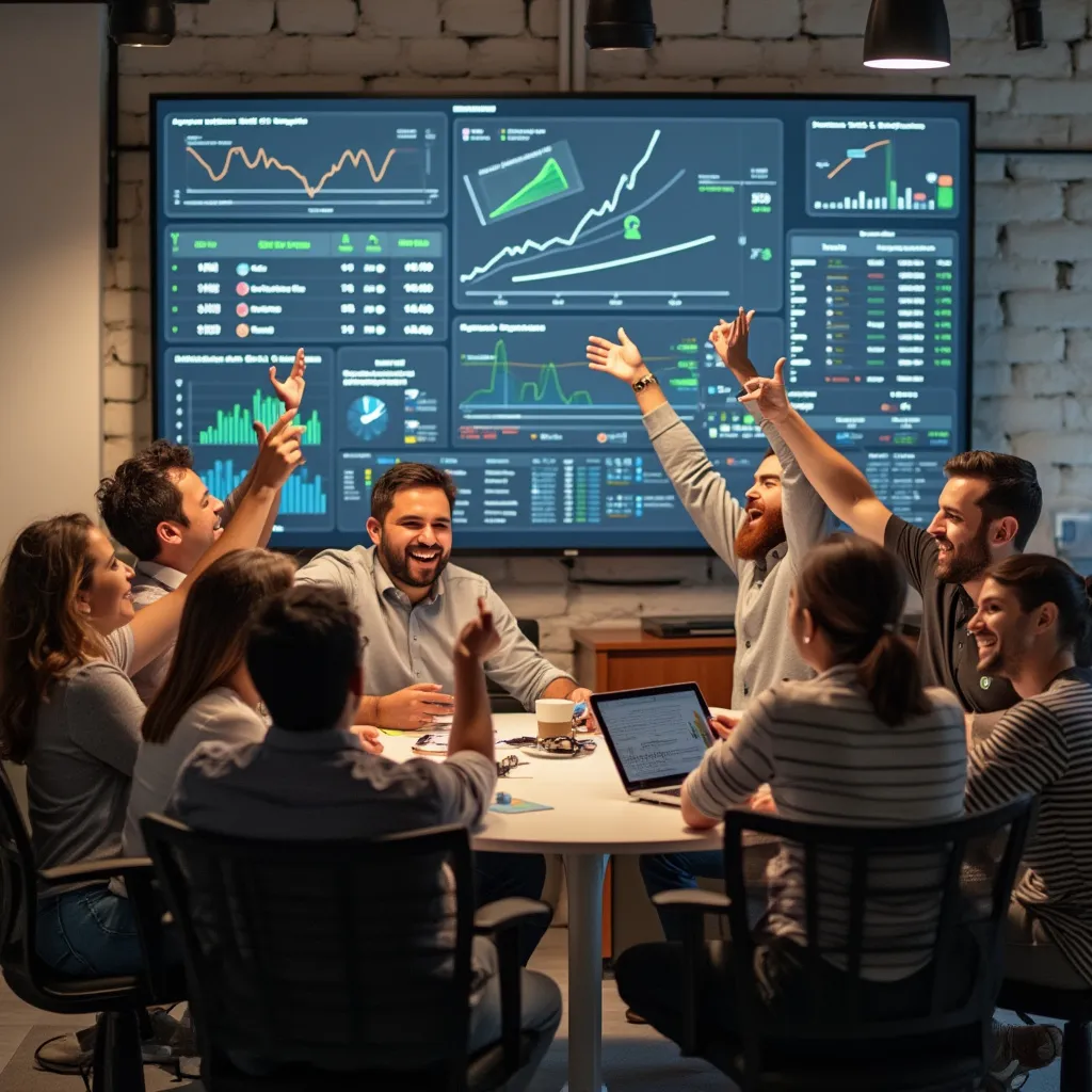 Startup tecnológica celebrando éxito financiero